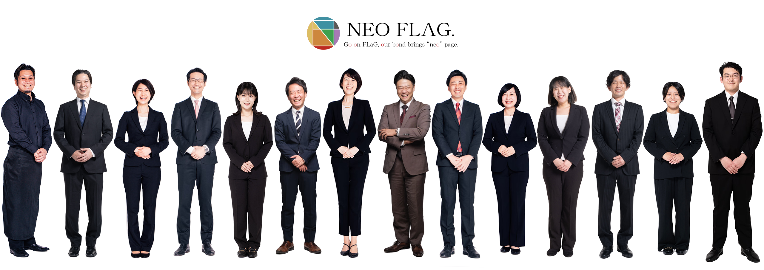 Diverse group of smiling professionals in suits standing in a row beneath the NEO FLAG logo.